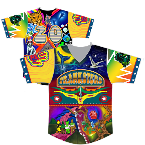 A multicolored, short-sleeved sports jersey featuring vibrant and eclectic designs, including the text 'Eugene Emeralds'.