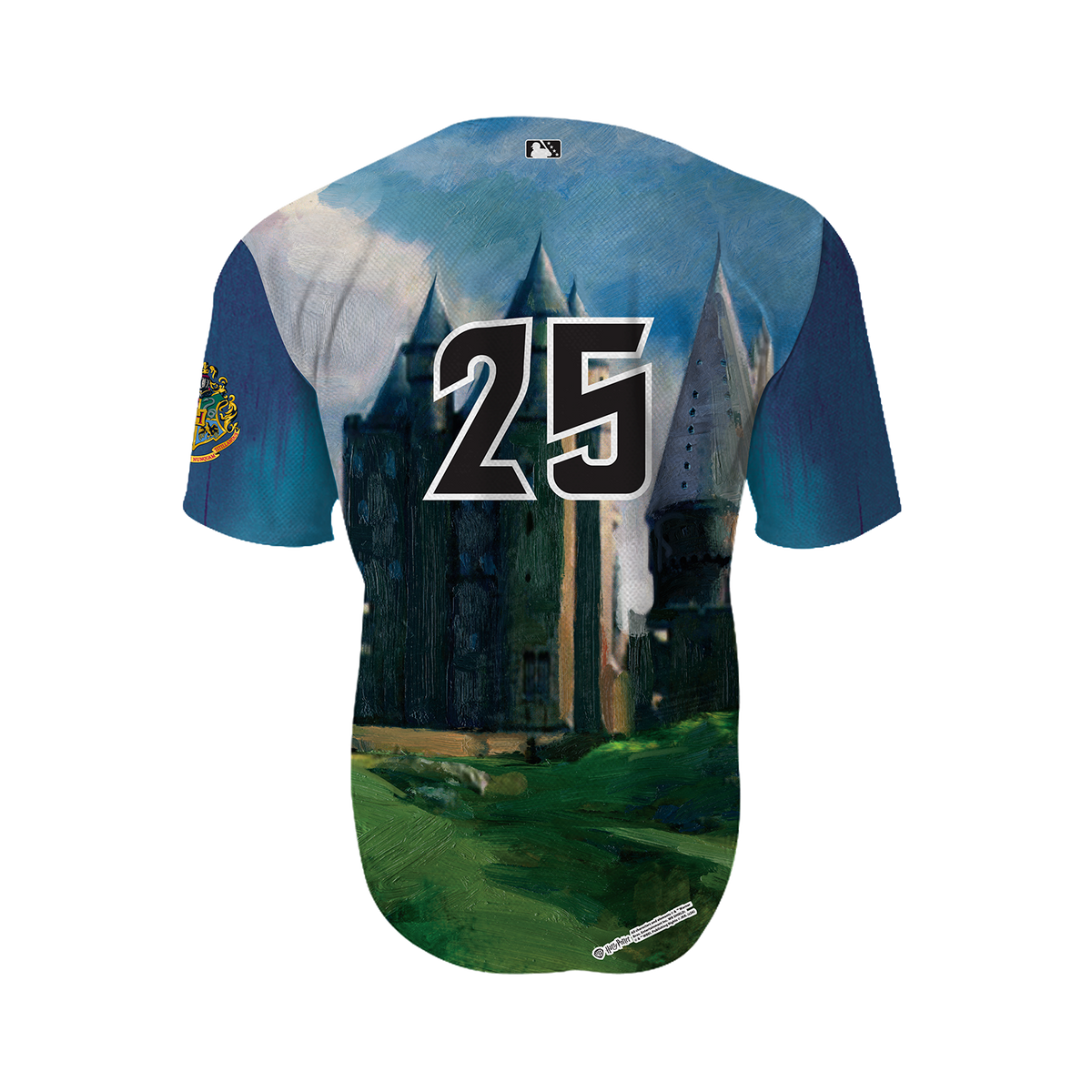 A short-sleeve baseball jersey shown from the back, featuring a painted castle and green landscape design. The back has a large black number 25 with a white outline, and a small MLB logo is visible at the neck collar.