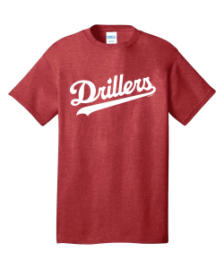Red t-shirt with 'Drillers' text on a white background