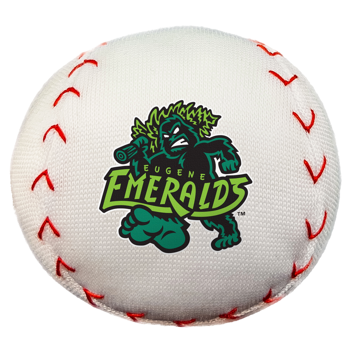 Plush Baseball with Eugene Emeralds logo on a white background