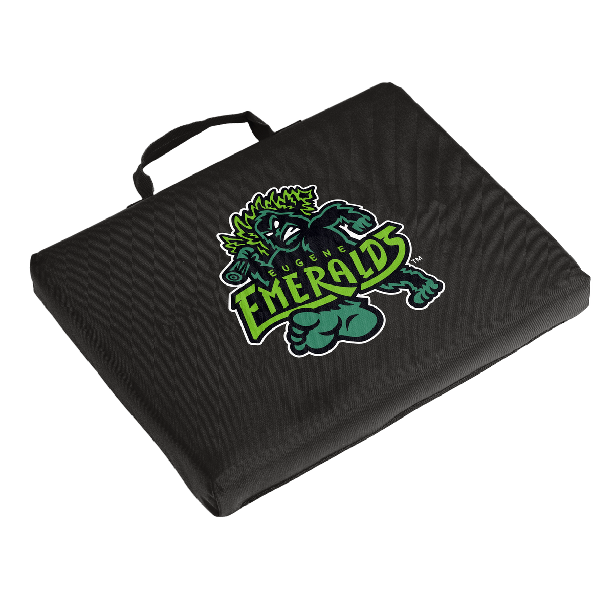 Black bleacher seat cushion featuring the Eugene Emeralds’ primary Sasquatch logo centered on the front.