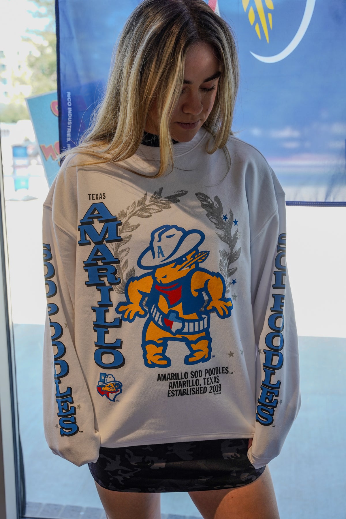 Amarillo Sod Poodles '47 Women's White Wash Crewneck