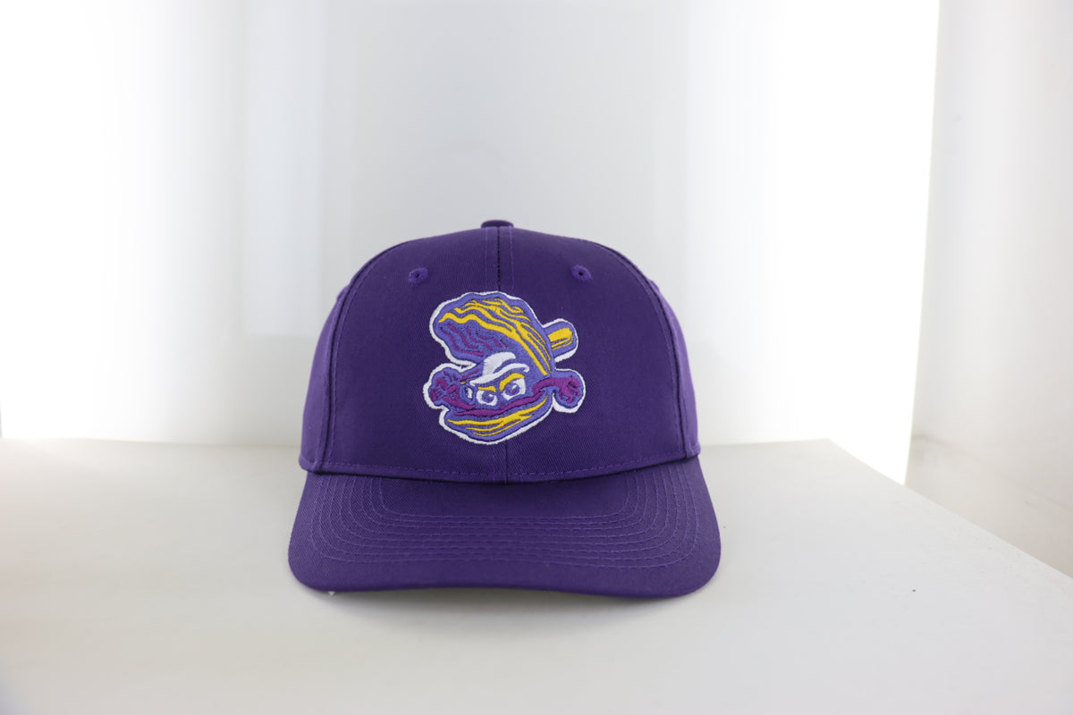 Biloxi Shuckers Adjustable Velcro Cap in Purple and Gold with Batting Oyster
