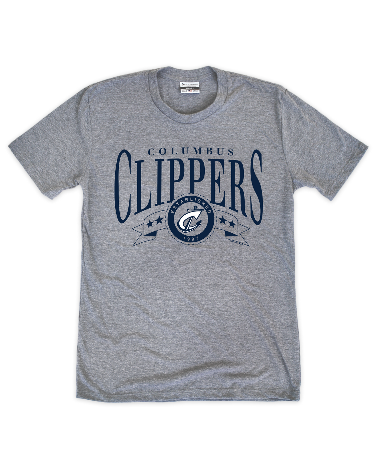 Gray t-shirt with 'Columbus Clippers' text and logo on a white background