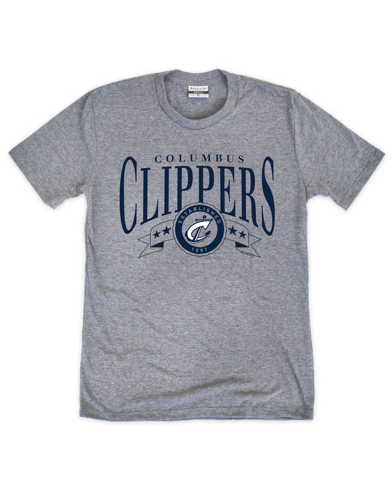 Gray t-shirt with 'Columbus Clippers' text and logo on a white background
