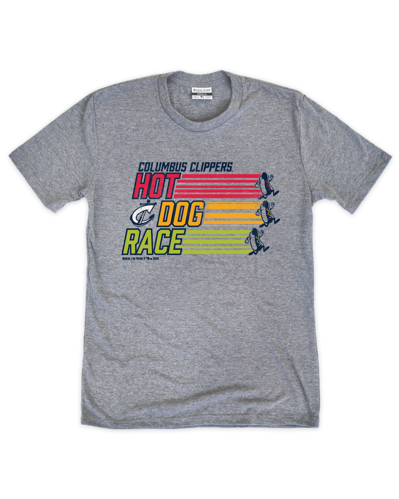 Gray t-shirt with 'Columbus Clippers Hot Dog Race' graphic on a white background