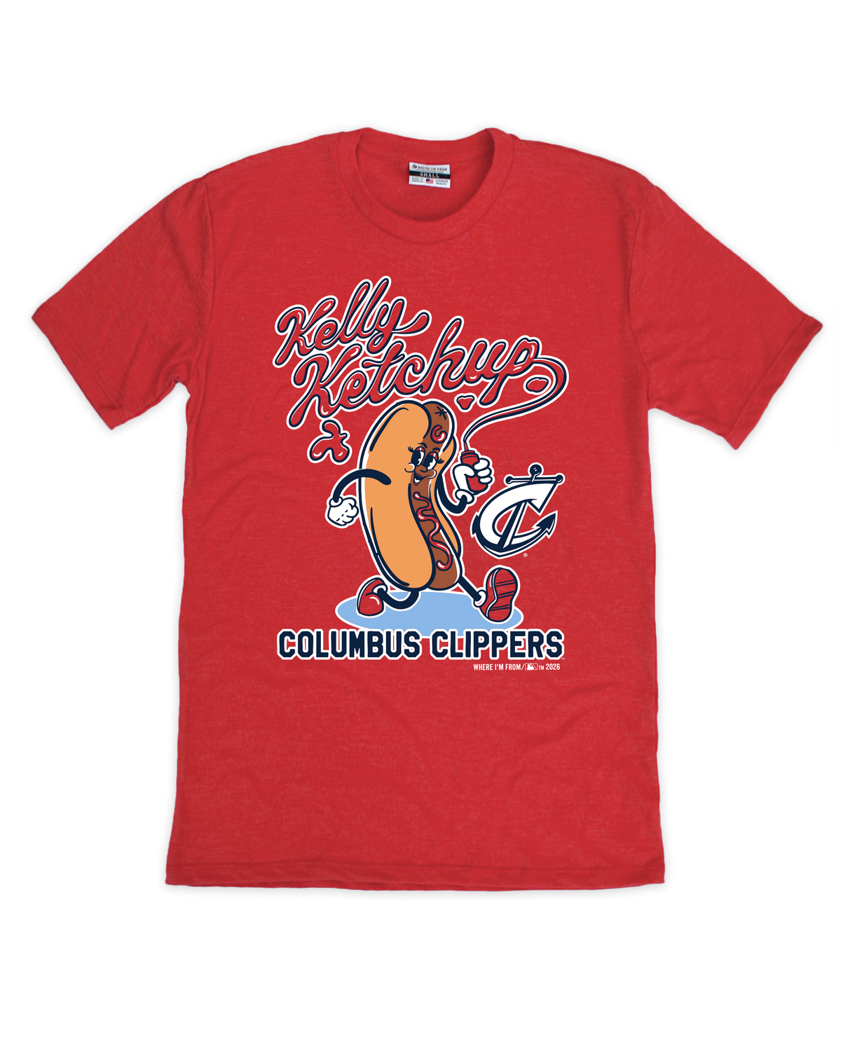 Red t-shirt with a hot dog graphic and text on a white background