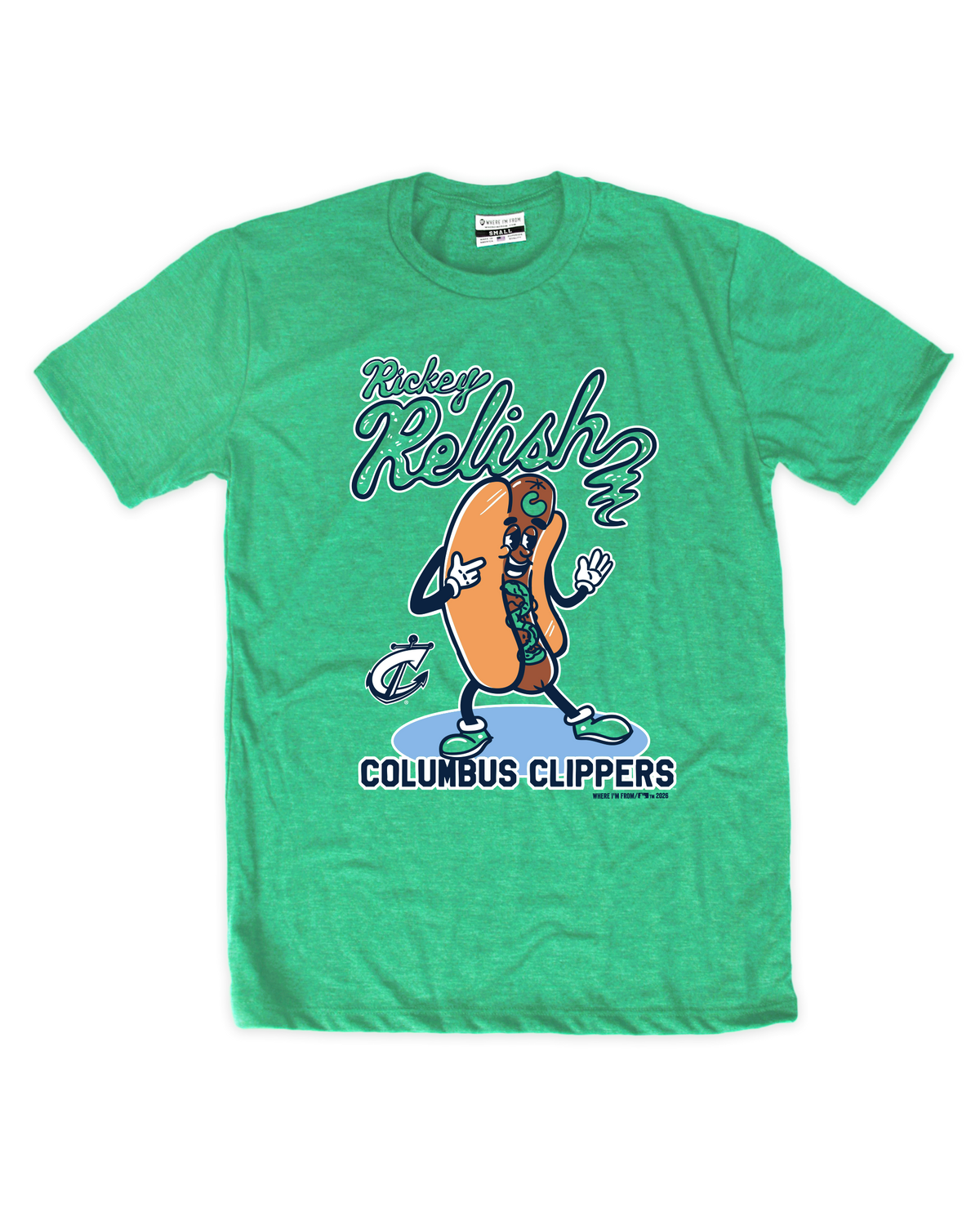 Green t-shirt with hot dog graphic and text on a white background