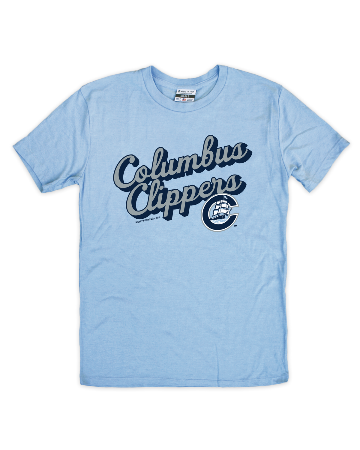 Light blue t-shirt with 'Columbus Clippers' text and logo on a white background