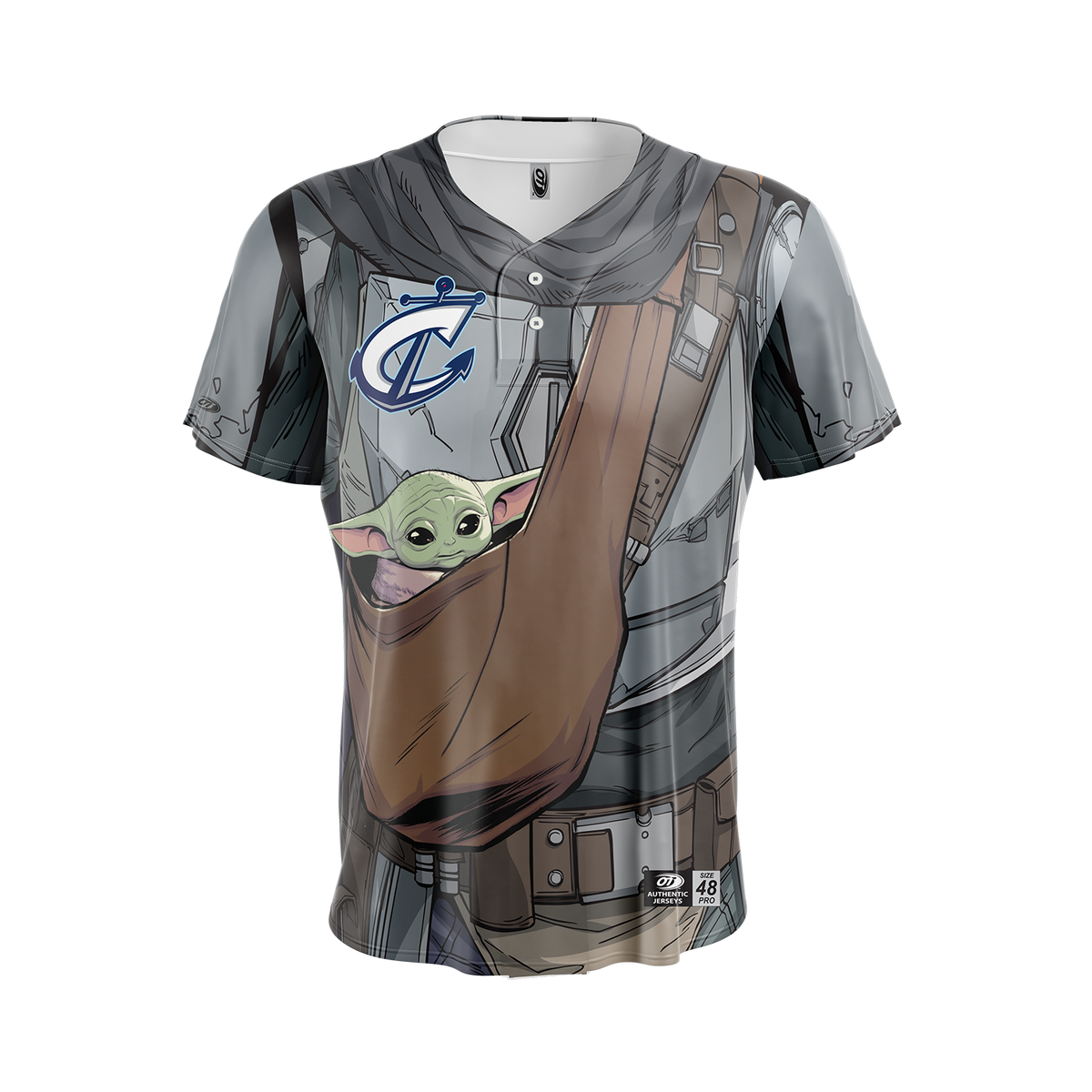 Baseball jersey with Baby Yoda design and visible brand logo on a white background
