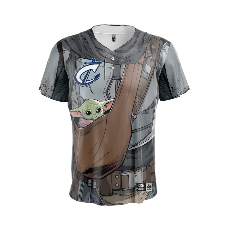 Baseball jersey with Baby Yoda design and visible brand logo on a white background