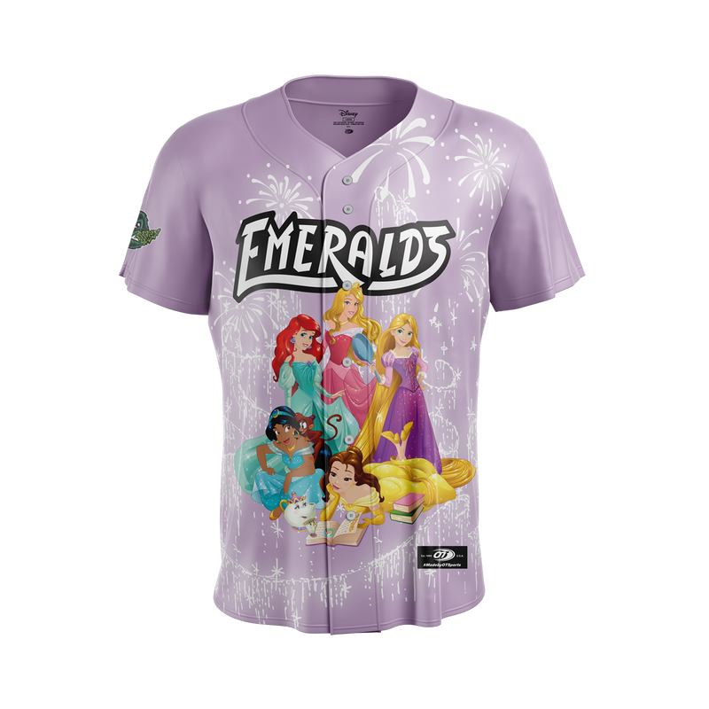 Baseball jersey with Disney princesses and 'Emeralds' text on a light purple background