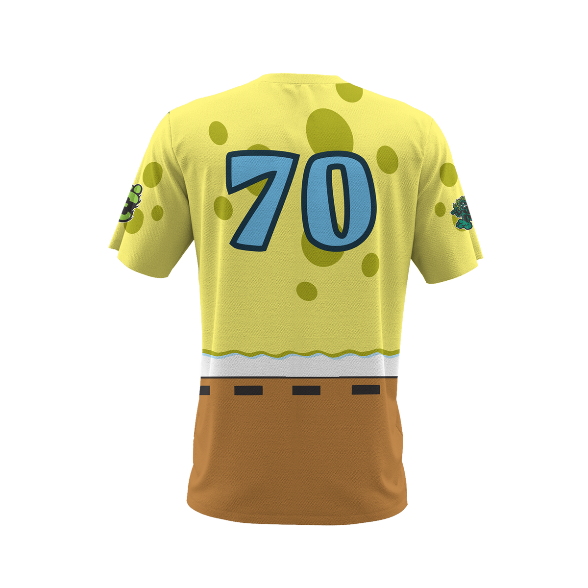 Yellow shirt with number 70 and brown pants on a white background