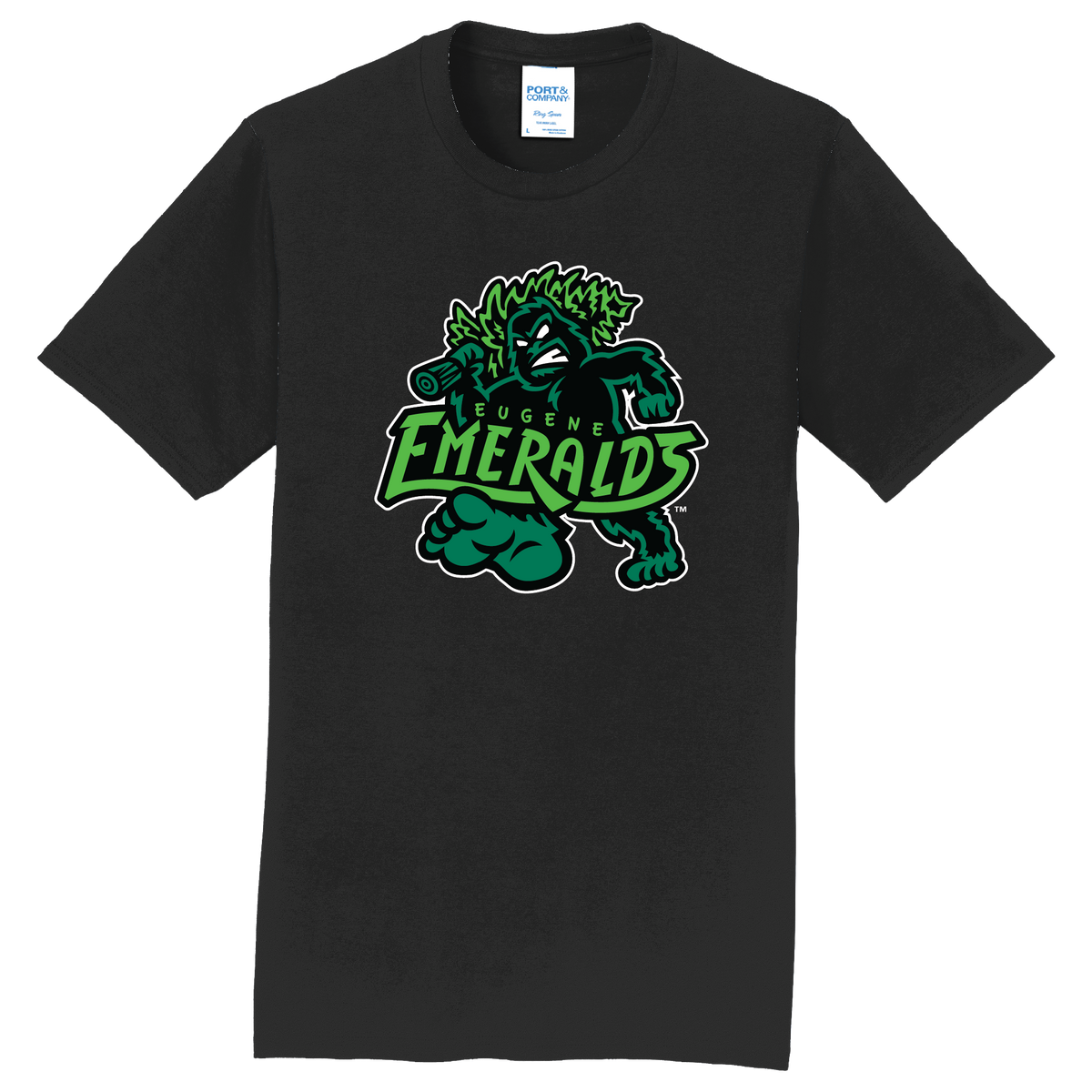 Black t-shirt with the Eugene Emeralds Primary Sasquatch logo printed on the front.