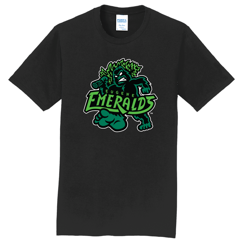 Black t-shirt with the Eugene Emeralds Primary Sasquatch logo printed on the front.