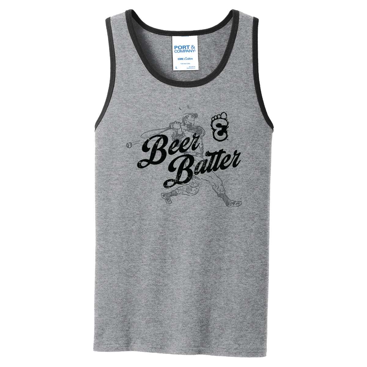 Gray tank top with 'Beer Batter' graphic design on a white background