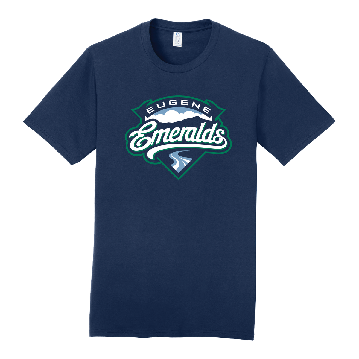 Navy blue t-shirt with the 2010 'Eugene Emeralds' logo on a white background