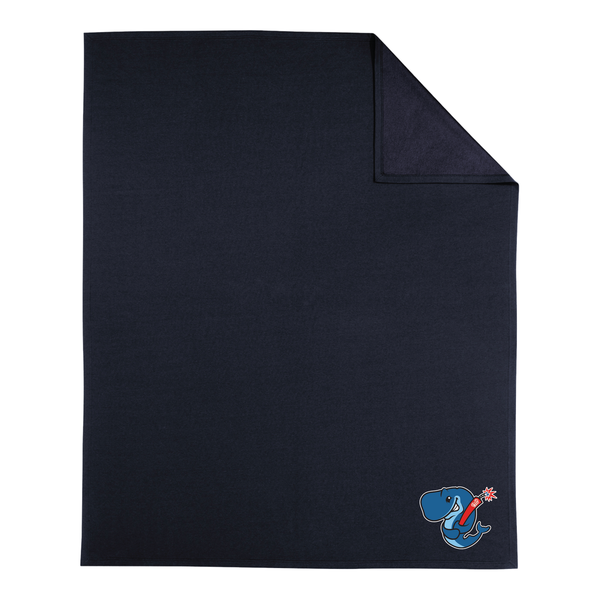 Navy blanket with a blue cartoon Whale holding a stick of dynamite on a white background