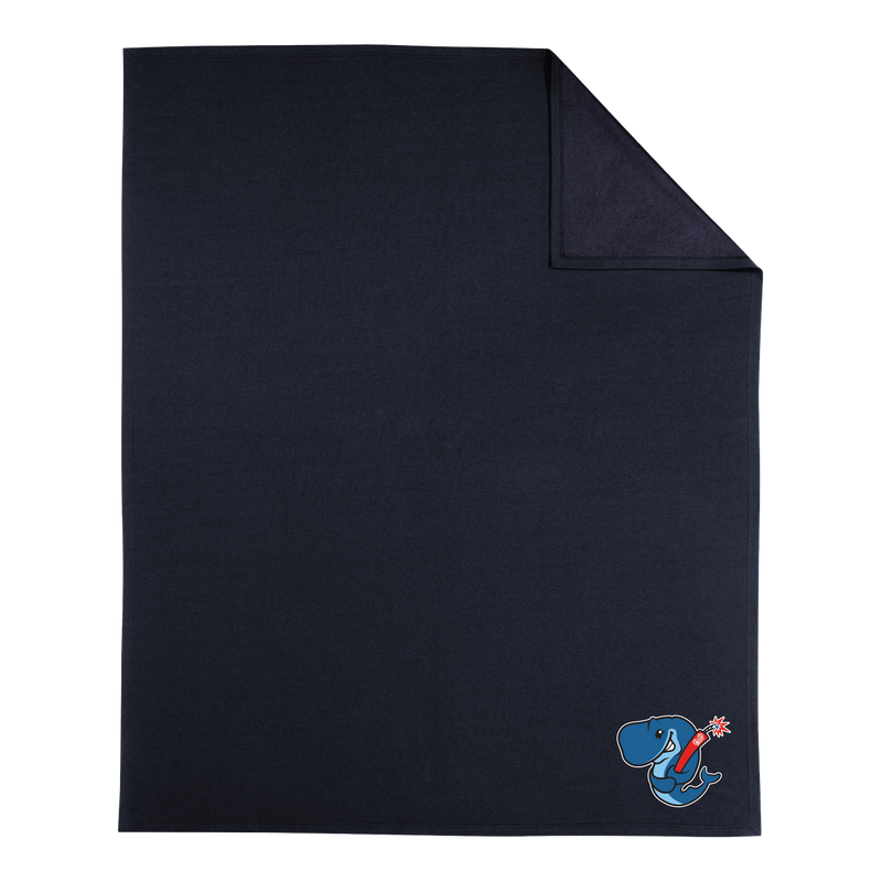 Navy blanket with a blue cartoon Whale holding a stick of dynamite on a white background