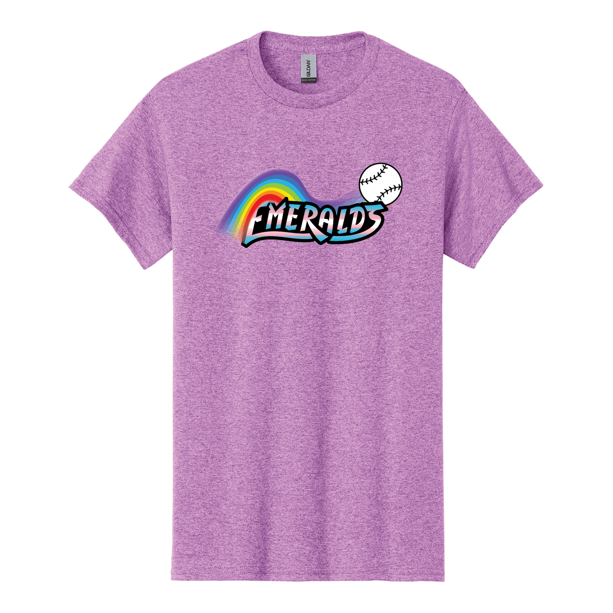 Purple t-shirt with 'Emeralds' logo featuring a rainbow and baseball on a white background