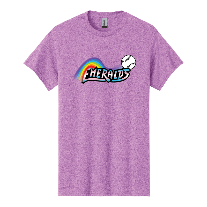 Purple t-shirt with 'Emeralds' logo featuring a rainbow and baseball on a white background