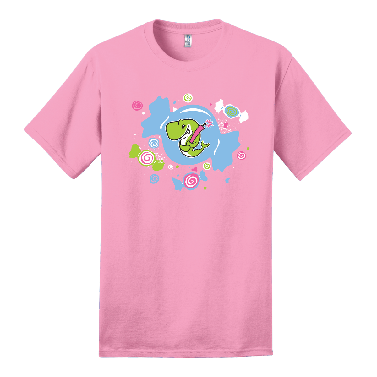 Pink t-shirt with a colorful graphic of an Exploding Whale and candy on a white background