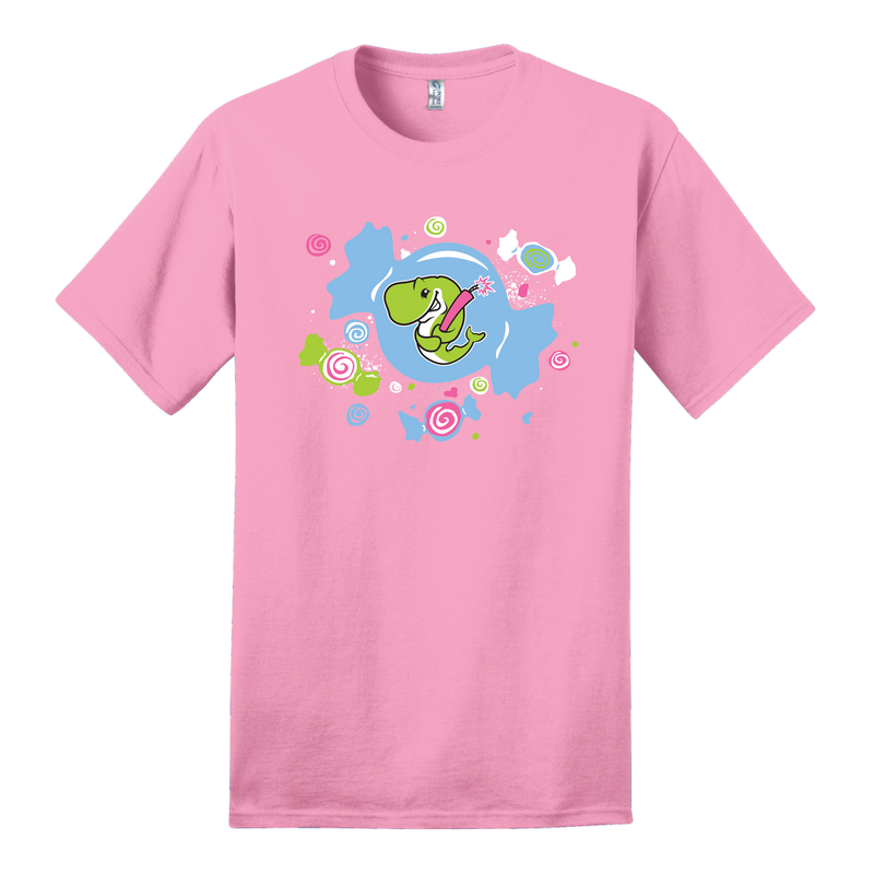 Pink t-shirt with a colorful graphic of an Exploding Whale and candy on a white background