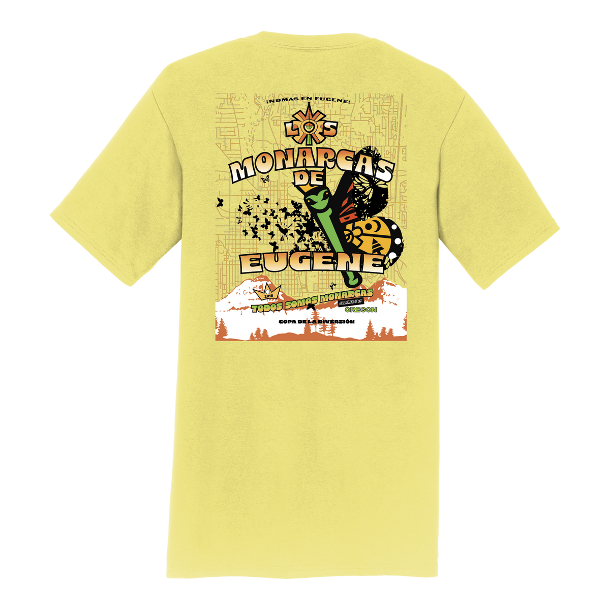 Yellow t-shirt with a colorful graphic design on the back featuring butterflies and text.