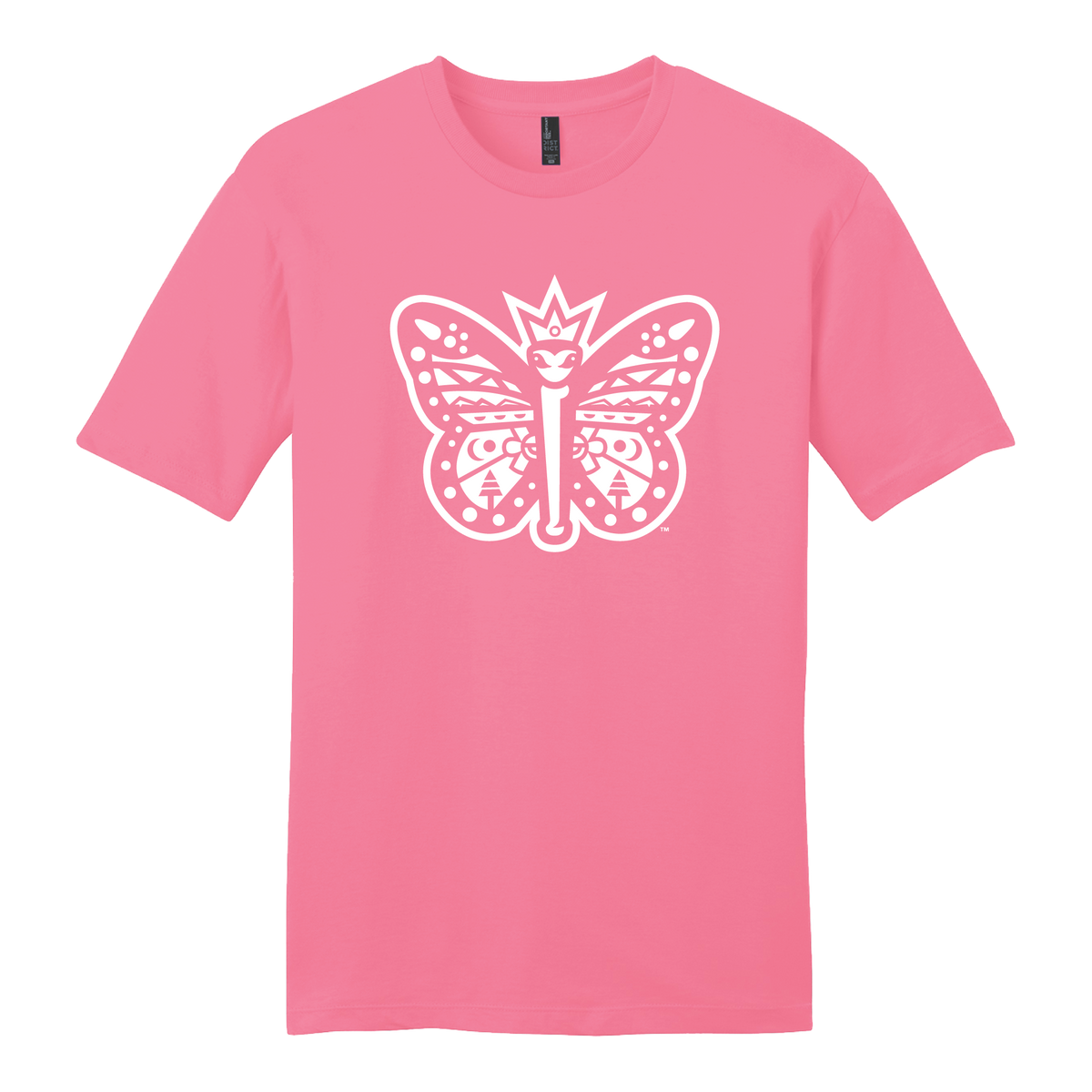 Pink t-shirt with a white butterfly graphic on a white background