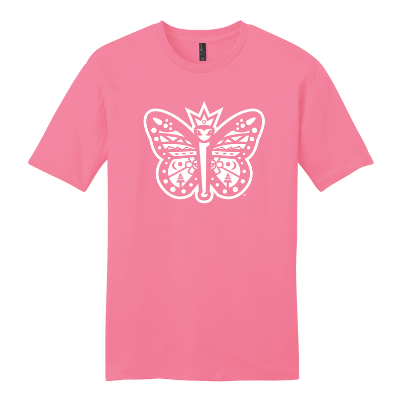 Pink t-shirt with a white butterfly graphic on a white background