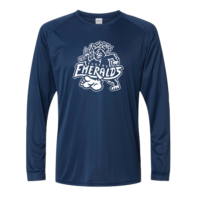 Navy long-sleeve shirt with white logo on a white background