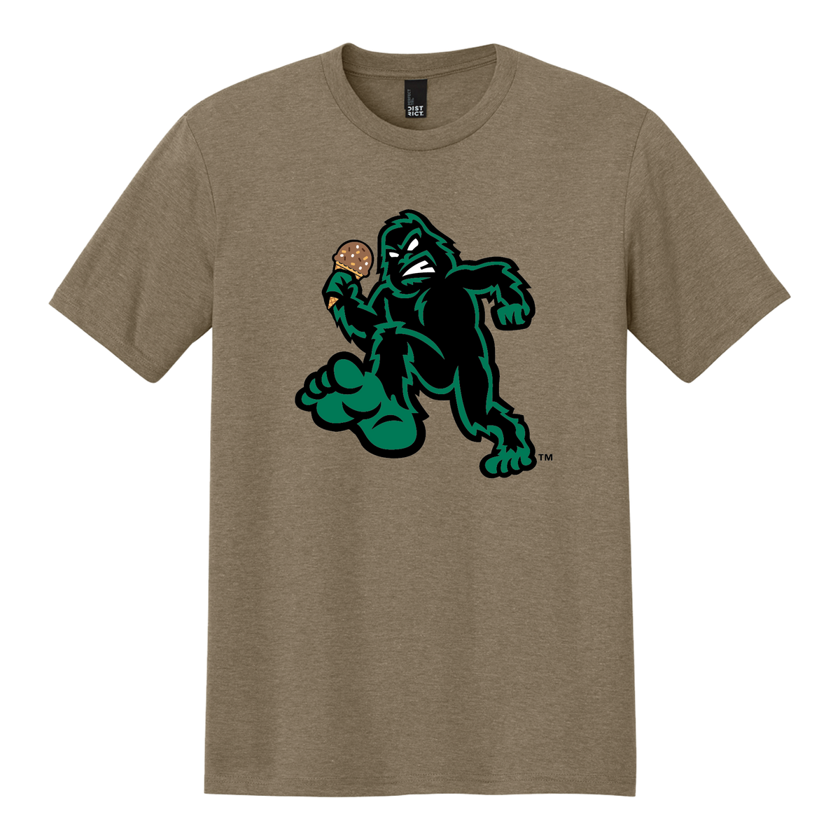 Brown t-shirt with a green Sasquatch graphic holding a Rocky Road ice cream cone on a white background