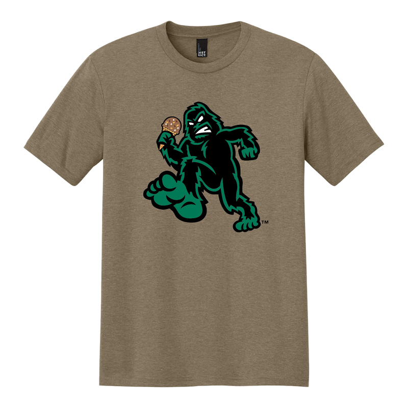 Brown t-shirt with a green Sasquatch graphic holding a Rocky Road ice cream cone on a white background