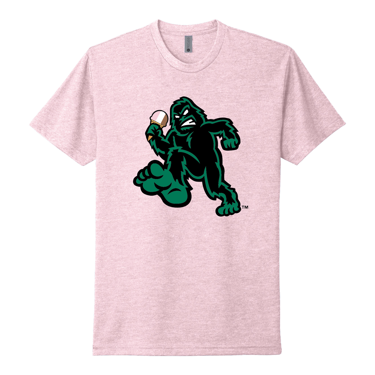 Pink t-shirt with a green Sasquatch holding a cone of Neapolitan Ice Cream on a white background