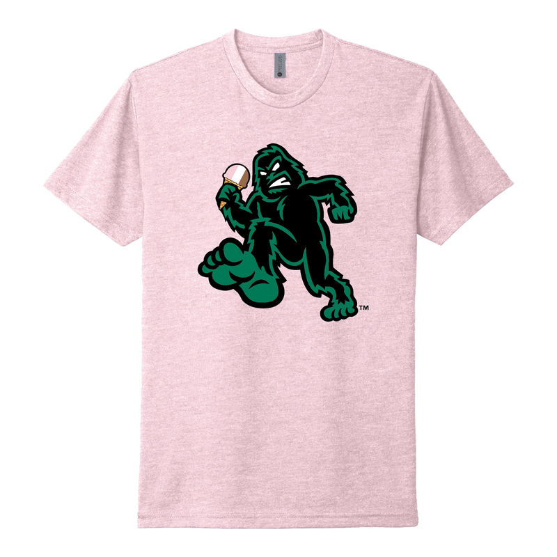 Pink t-shirt with a green Sasquatch holding a cone of Neapolitan Ice Cream on a white background