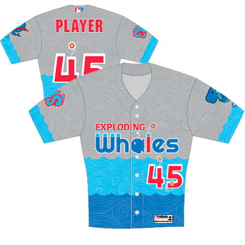 A Wilson brand baseball jersey with 'Exploding Whales' printed on the front and the back, featuring a geometric pattern in blue and white tones.