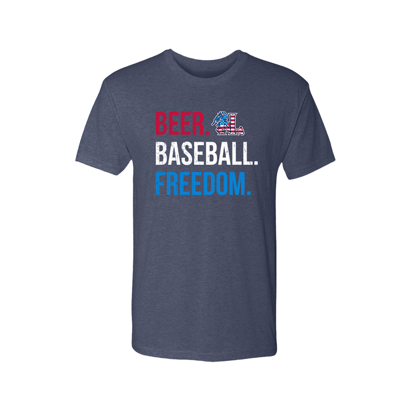 Hickory Crawdads 108 Stitches Blue Beer Baseball Freedom Tee