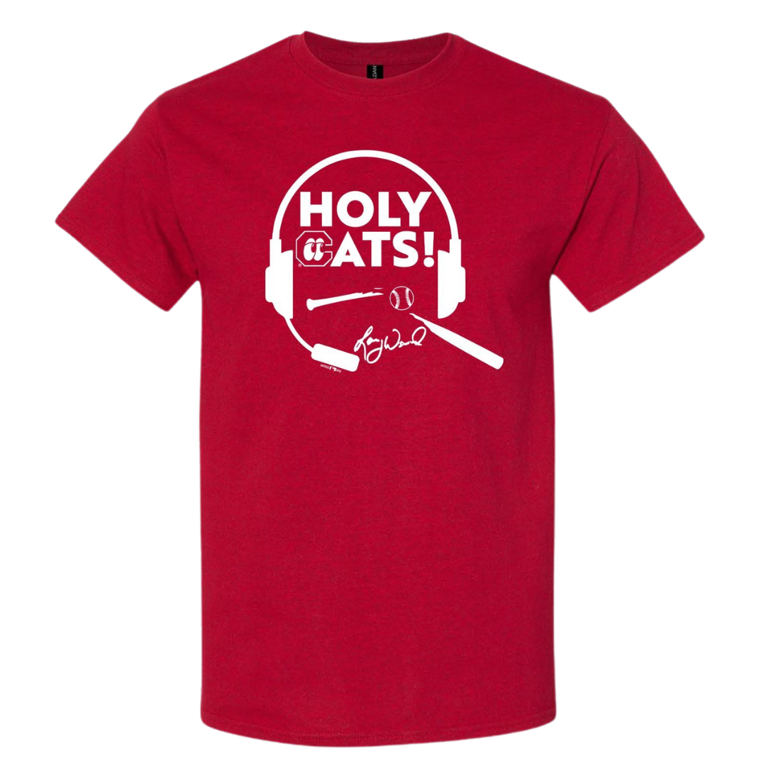 A red t-shirt with 'HOLY CATS!' text and a graphic of a baseball bat and ball on it.