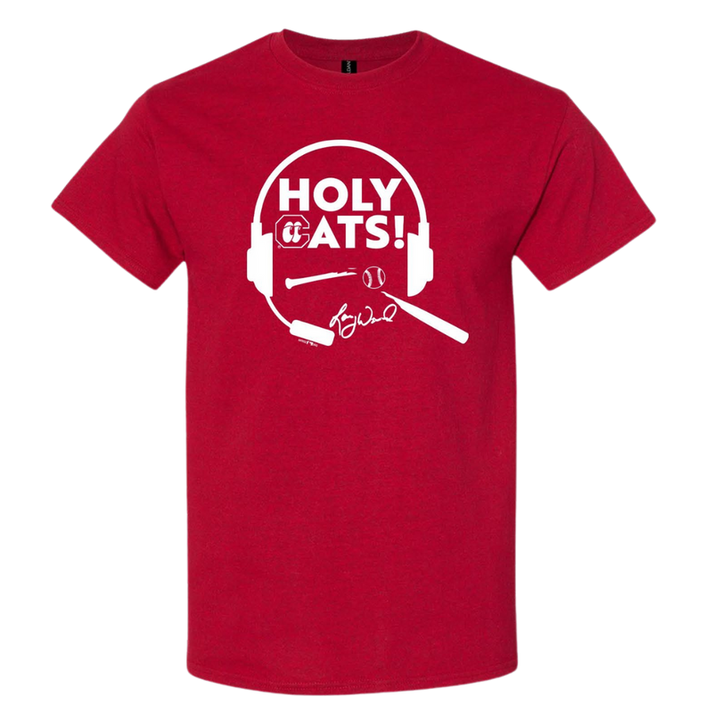 A red t-shirt with 'HOLY CATS!' text and a graphic of a baseball bat and ball on it.