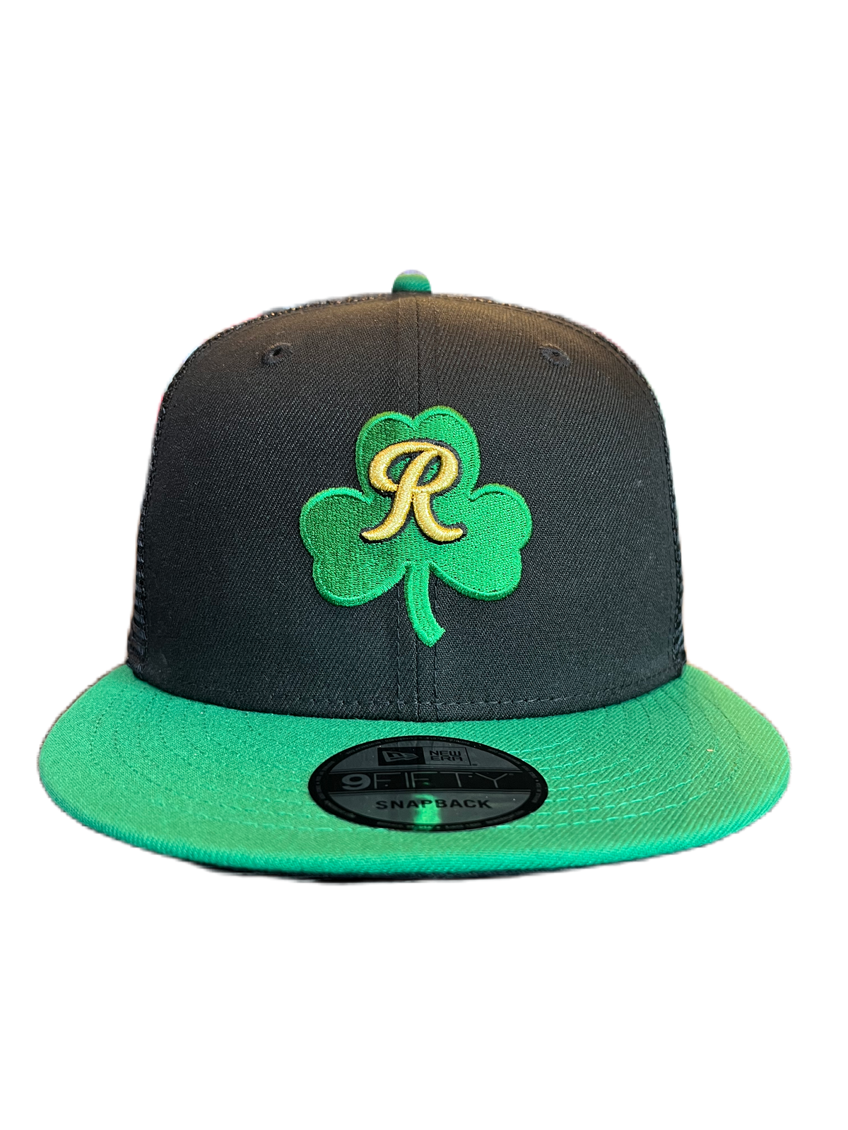Tacoma Rainiers New Era 9Fifty Black Green Shamrock Trucker Mesh Snapback
