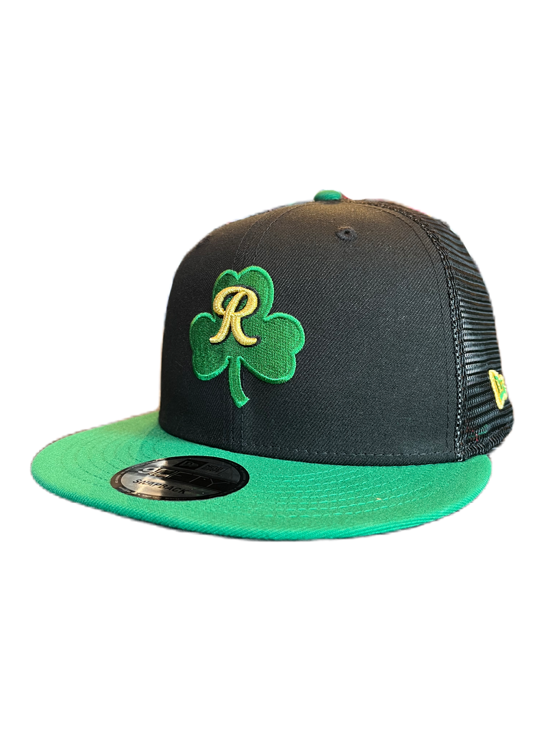 Tacoma Rainiers New Era 9Fifty Black Green Shamrock Trucker Mesh Snapback