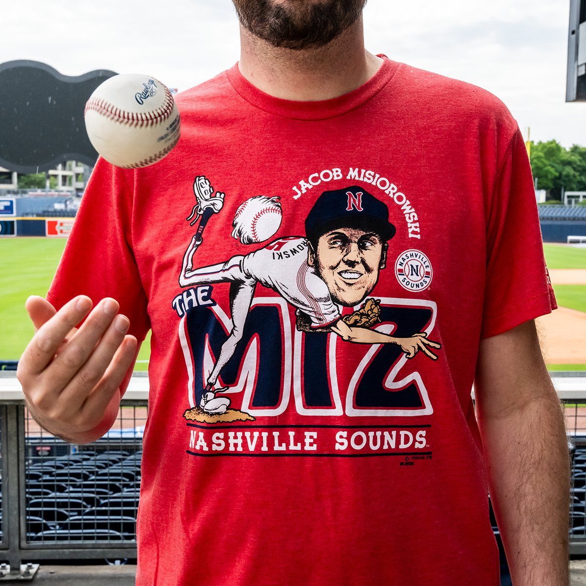 Nashville Sounds Homage Red Jacob Misiorowski Caricature Tee