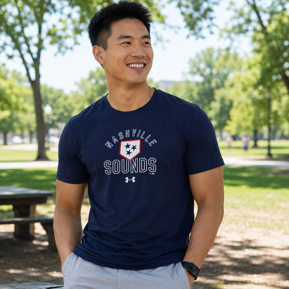 Nashville Sounds Under Armour Navy Plate Logo Performance Cotton Tee