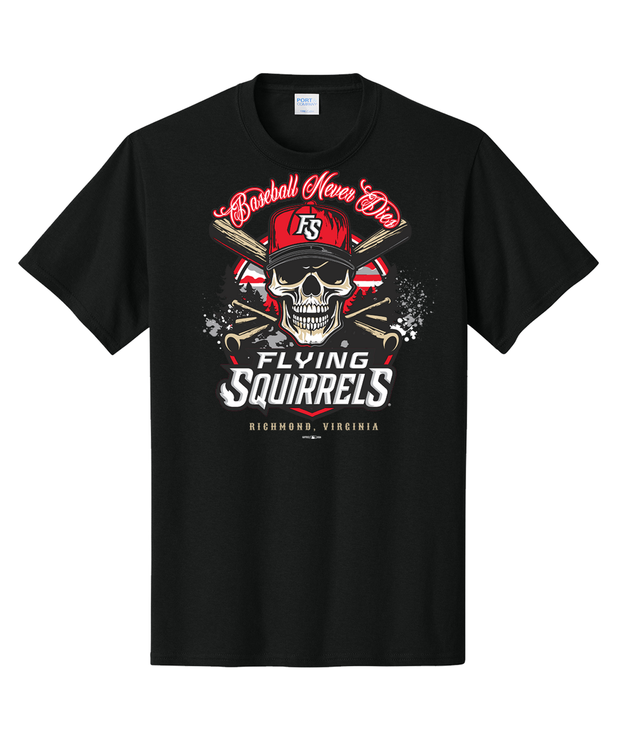 Richmond Flying Squirrels Baseball Never Dies Skull Tee
