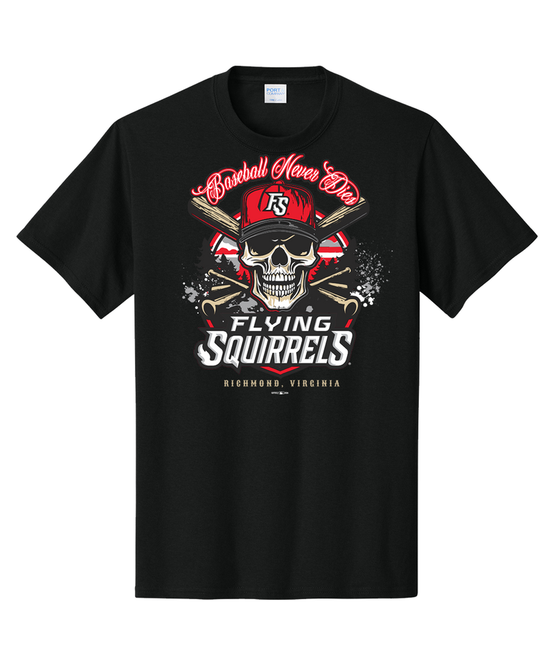Richmond Flying Squirrels Baseball Never Dies Skull Tee
