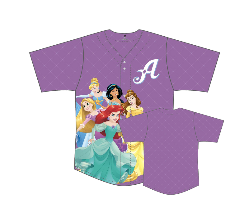 Purple baseball jersey with Disney princesses design on a white background