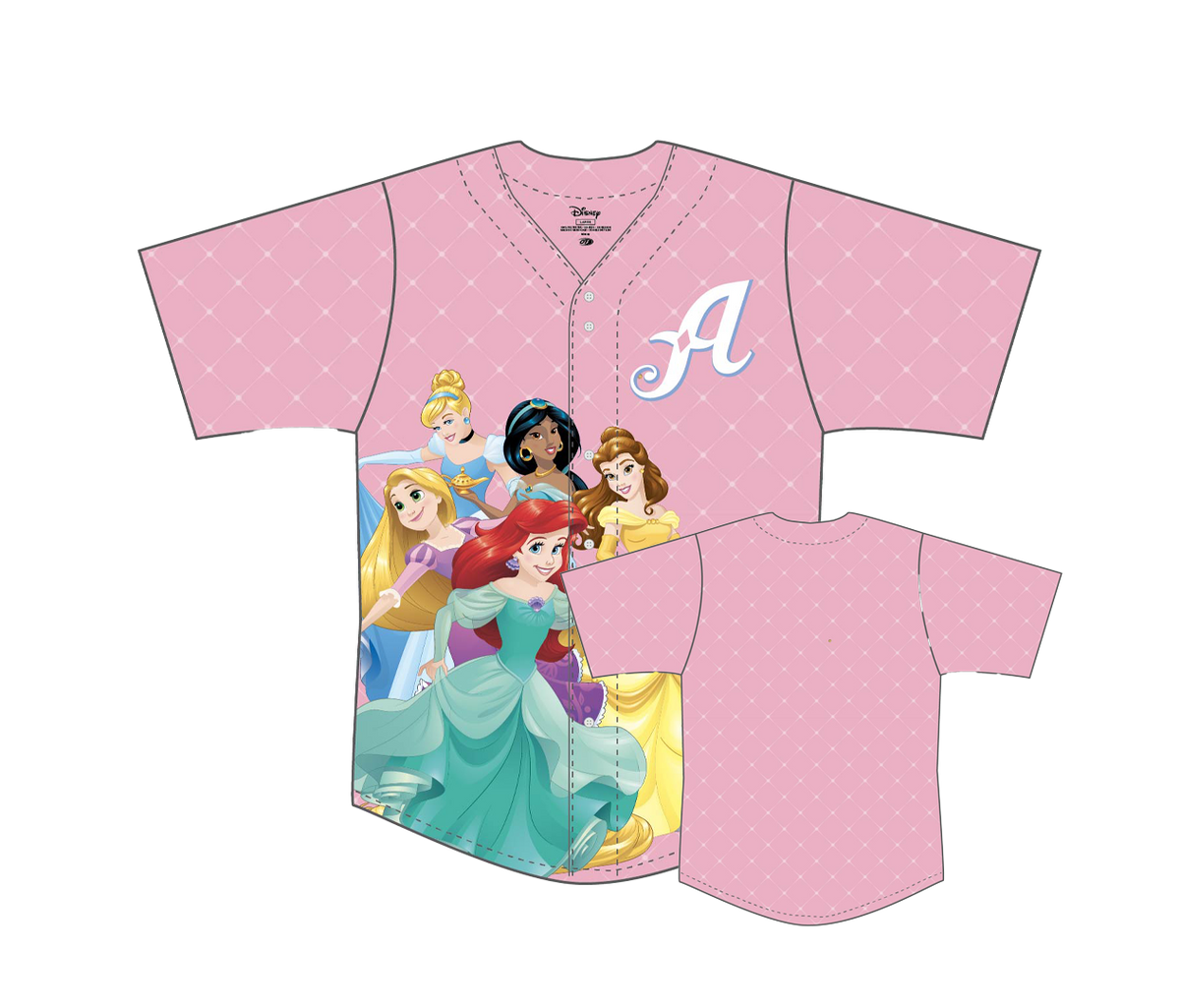 Pink baseball jersey with Disney princesses and a letter 'A' on a white background