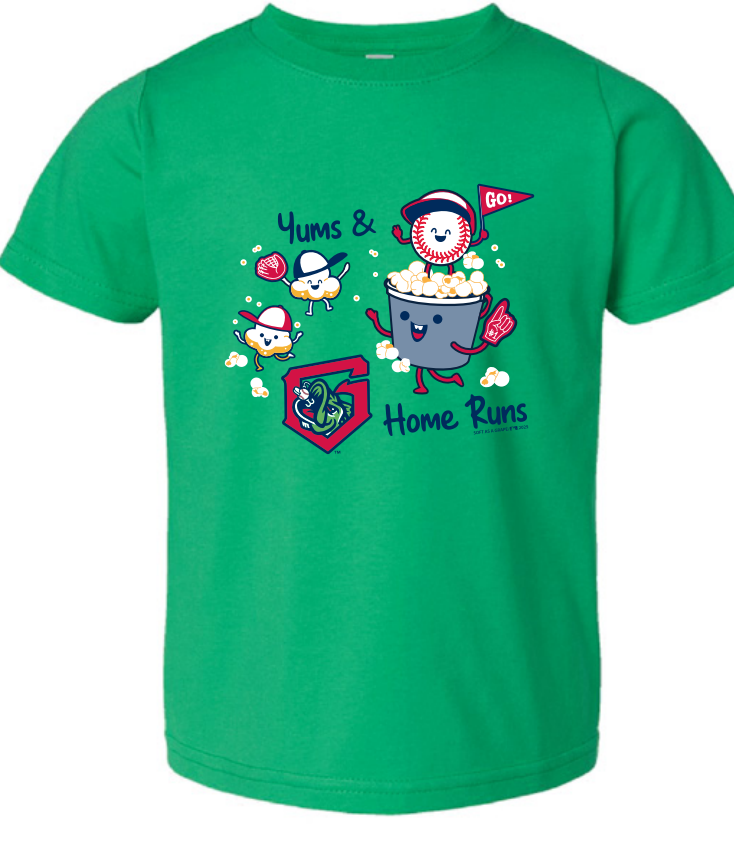 Green t-shirt with cartoon popcorn bucket and baseball caps design on a white background