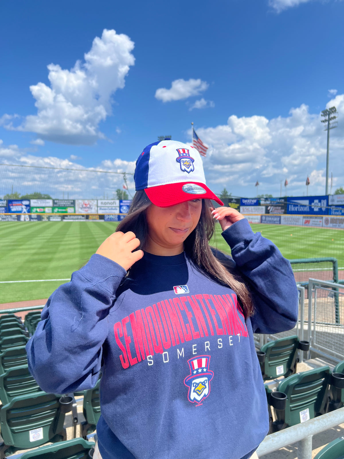 Somerset Patriots Adult Soft Style Somerset Semiquincentennials Crew Neck Gallagher Wordmark Eagle Sweatshirt