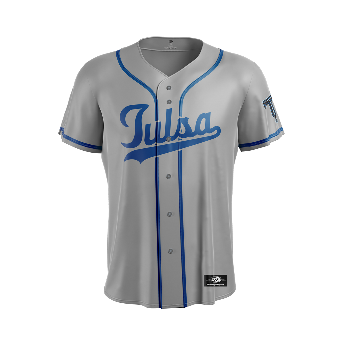 Gray baseball jersey with blue lettering and accents on a white background